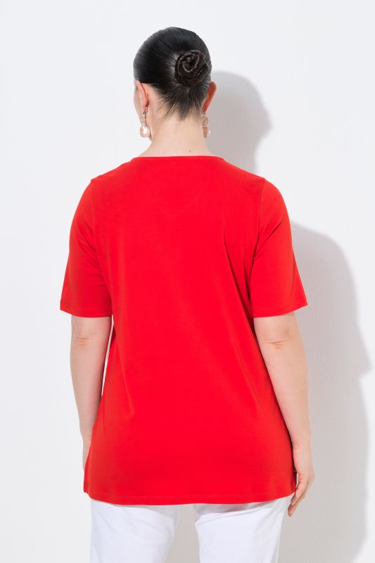 T-shirt en coton Pima, petits strass fantaisie, décolleté en V et manches courtes