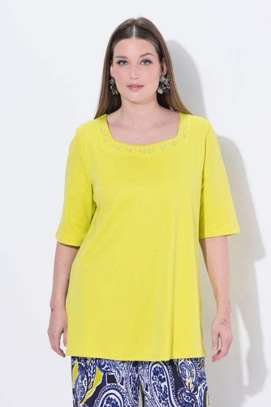 T-shirt en coton Pima, petits strass fantaisie, décolleté carré et manches courtes