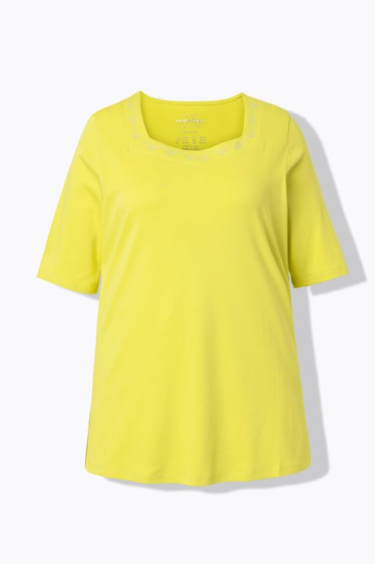 T-shirt en coton Pima, petits strass fantaisie, décolleté carré et manches courtes