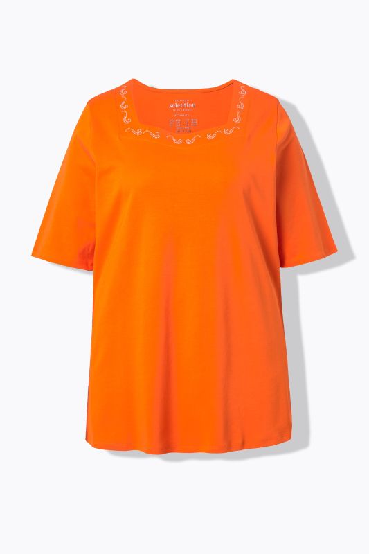 T-shirt en coton Pima, petits strass fantaisie, décolleté carré et manches courtes