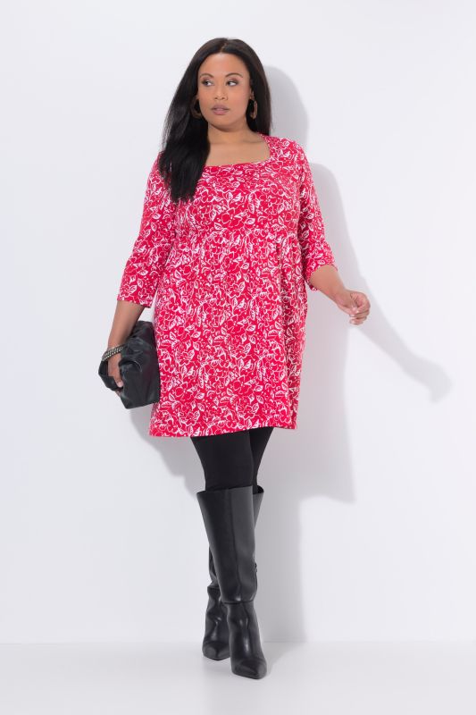 T-shirt long, décolleté carré et manches 3/4, coupe évasée