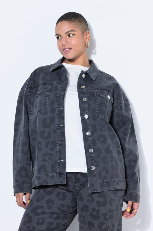 Veste en jean oversize, denim gris à motif léopard