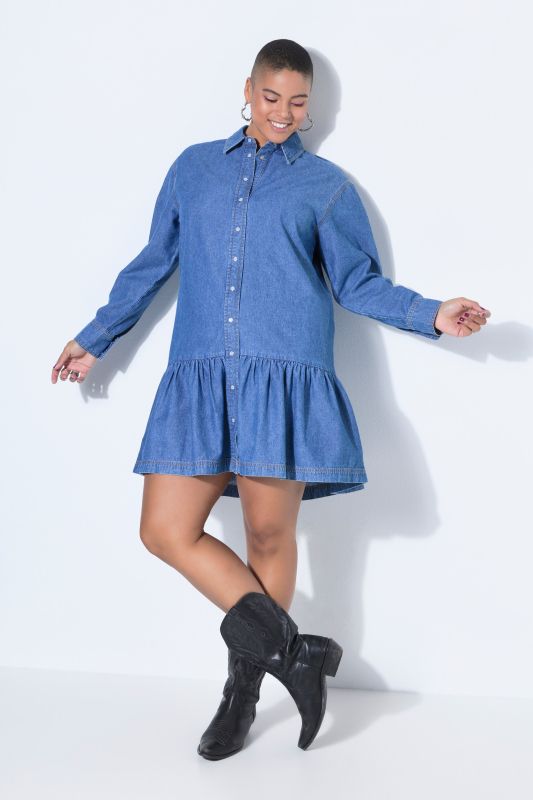 Robe oversize en jean, manches longues et larges et volant à la base