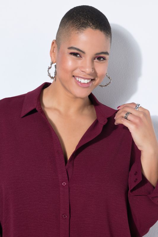 Chemise oversized en tissu crêpe, col de chemise et manches longues