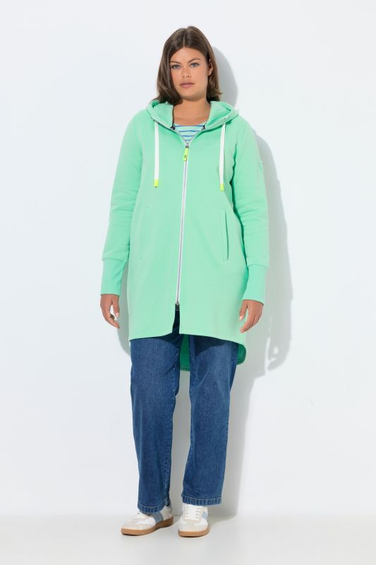 Veste à capuche en molleton. Coupe longue. Cordon de serrage dans la taille. Manches longues