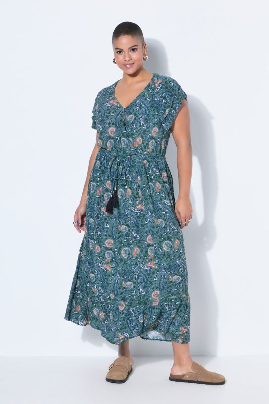 Robe maxi imprimé cachemire, cordon à nouer, coupe évasée