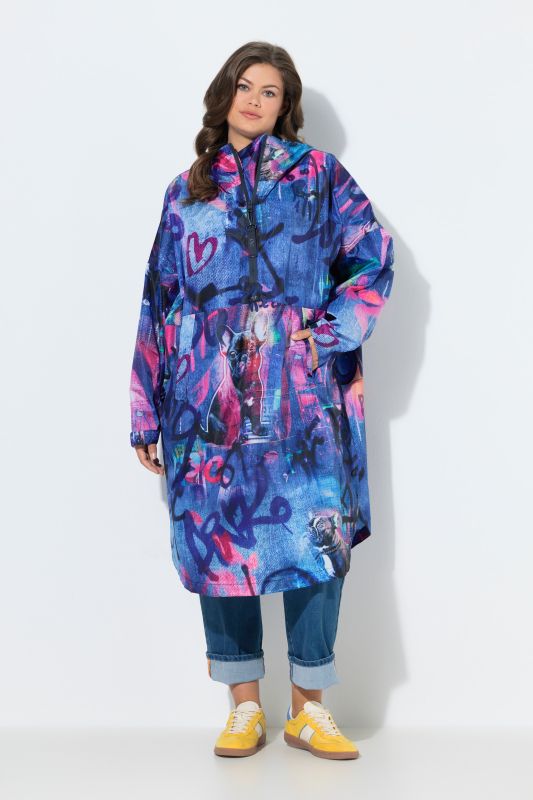 Poncho de pluie technique, modèle unisexe, capuche et imprimé coloré