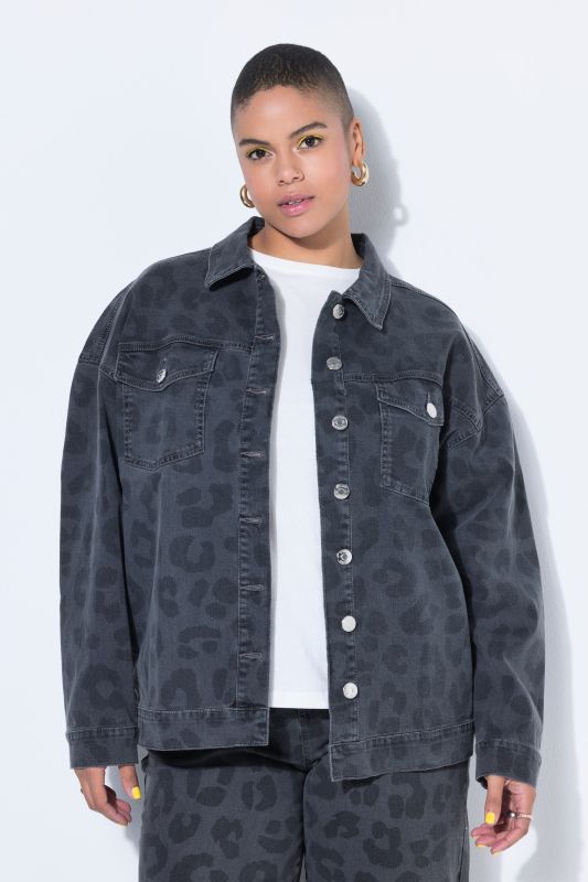 Veste en jean oversize, denim gris à motif léopard