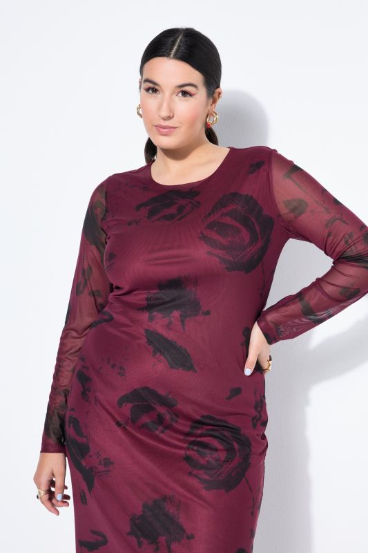 Robe maxi en mesh à motif, coupe slim à manches longues