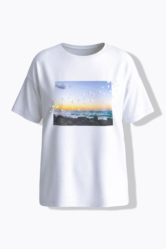 T-shirt oversize, imprimé photo et perles fantaisie