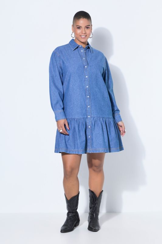 Robe oversize en jean, manches longues et larges et volant à la base