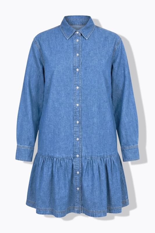 Robe oversize en jean, manches longues et larges et volant à la base