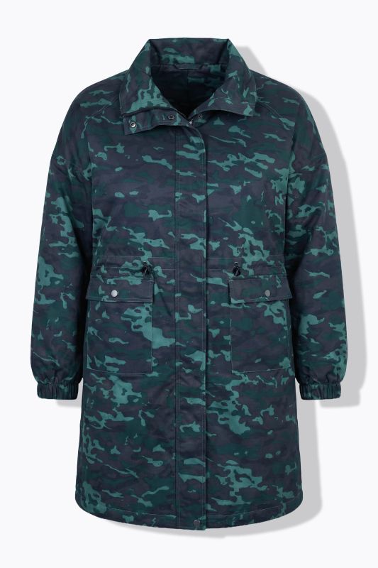 Manteau, coupe droite, motif camouflage et cordon coulissant au niveau de la taille