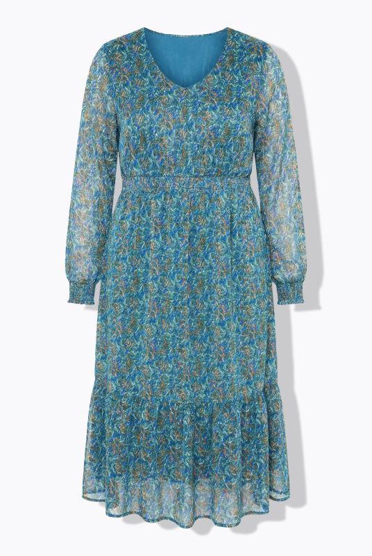 Robe maxi évasée agrémentée d'un imprimé avec du fil scintillant, volant à la base