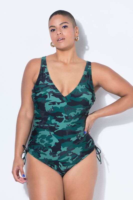 Maillot de bain sculptant à motif camouflage, cordon à froncer et bonnets souples