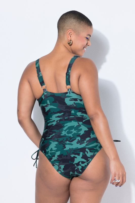 Maillot de bain sculptant à motif camouflage, cordon à froncer et bonnets souples