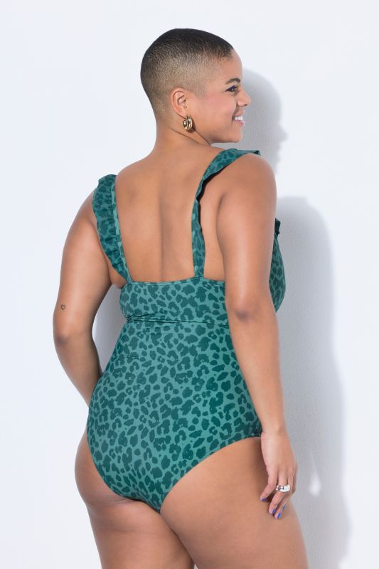 Maillot de bain une pièce à encolure volantée, motif léopard et bonnets souples