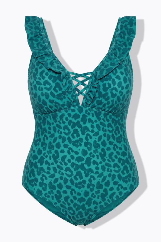 Maillot de bain une pièce à encolure volantée, motif léopard et bonnets souples