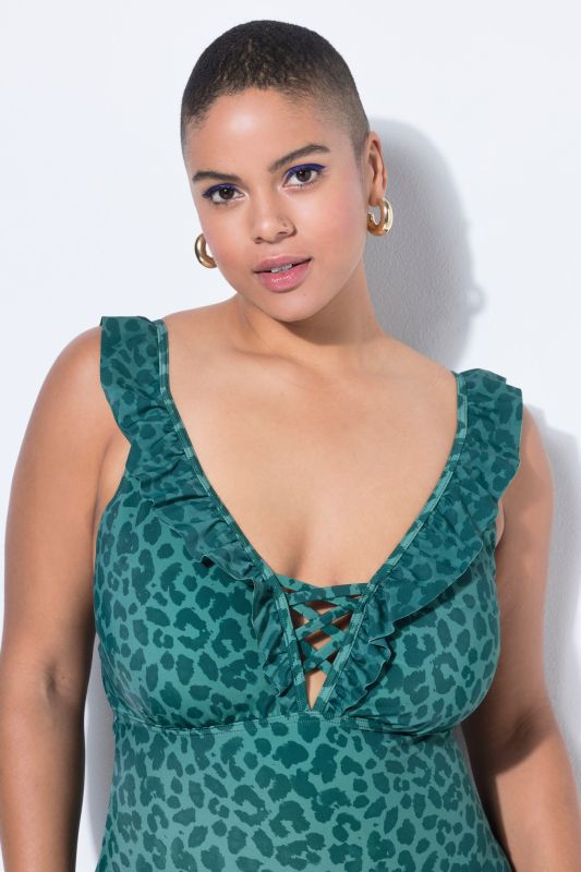 Maillot de bain une pièce à encolure volantée, motif léopard et bonnets souples