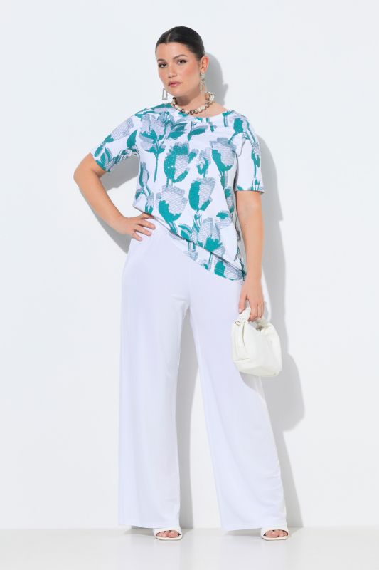 Pantalon en piqué au tombé fluide, jambe large et taille élastique