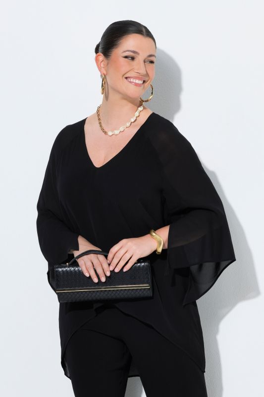 Blouse en chiffon, devant doublé, encolure en V, manches 3/4