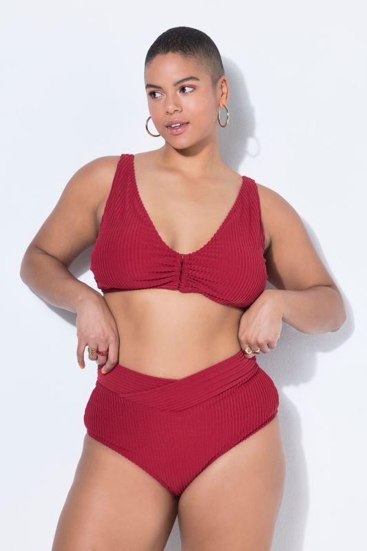 Bas de bikini taille haute, rayures en tissu éponge et ourlet style portefeuille