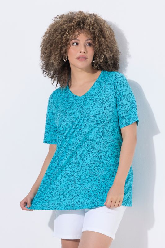 T-shirt, motif poissons. Col V à plis fantaisie. Manches courtes