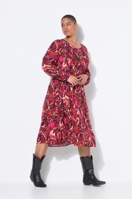 Robe midi imprimé all-over, manches longues raglan, coupe évasée