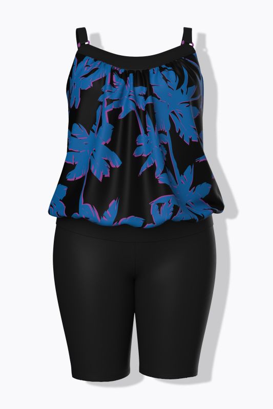 Tankini avec short, motif palmiers, bonnets souples et bretelles ajustables