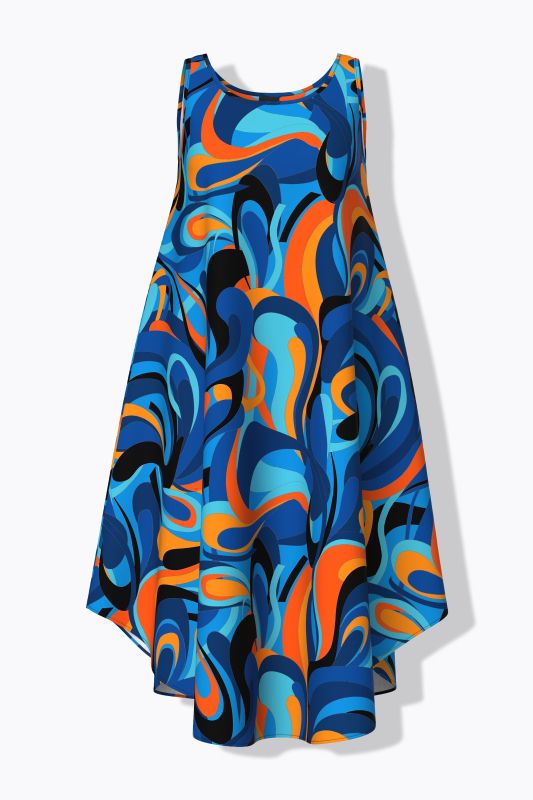 Robe midi sans manches, motif vagues, décolleté rond et coupe évasée
