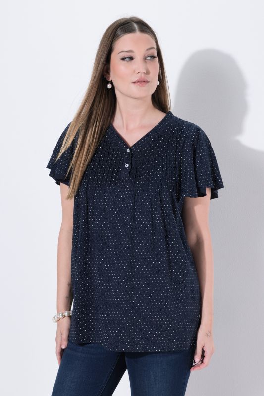 T-shirt à petits pois, décolleté en V et manches courtes chauve-souris, coupe évasée