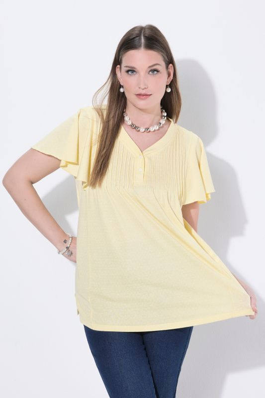 T-shirt à petits pois, décolleté en V et manches courtes chauve-souris, coupe évasée