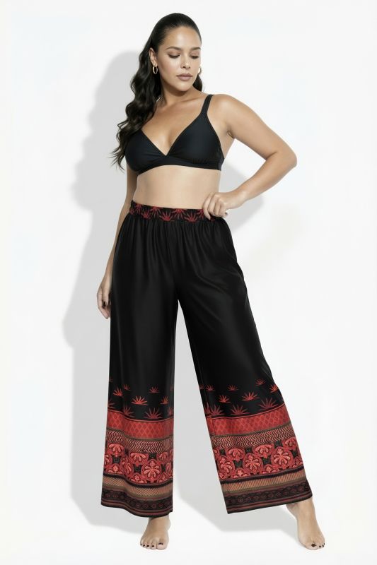 Pantalon palazzo avec bordure, jambe large et taille élastique