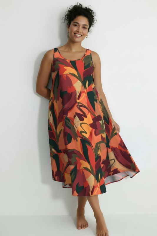 Robe midi sans manches, motif feuilles, décolleté rond et coupe évasée