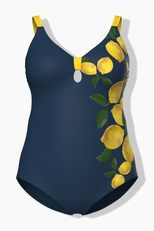 Maillot de bain motif citrons, bonnets souples et découpe « trou de serrure », matière recyclée