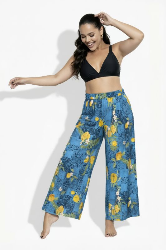 Pantalon palazzo, motif citrons, jambe large et taille élastique