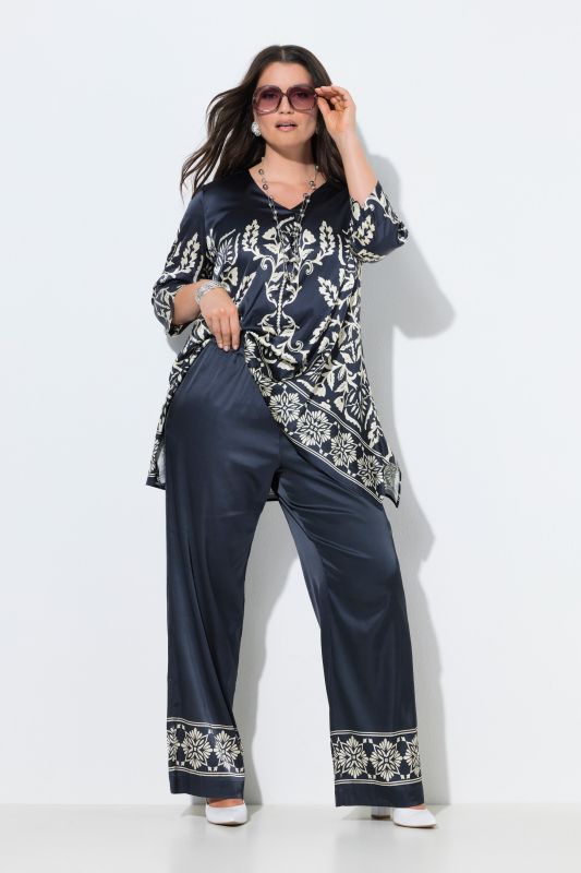 Pantalon en satin à taille élastique, jambe droite et large avec bordure fantaisie