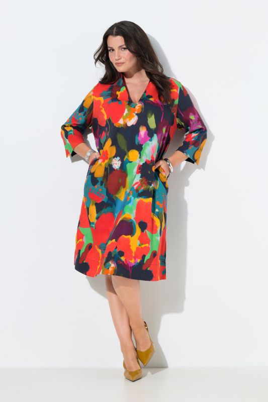 Robe midi en lin mélangé, col calice et manches 3/4, coupe évasée