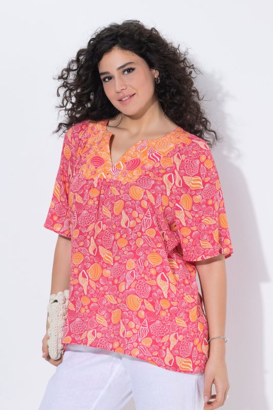 Tunique motif coquillages, manches courtes et col tunisien, coupe évasée