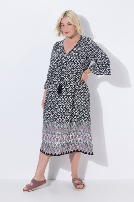 Robe midi coupe évasée, cordon de serrage sous tunnel, décolleté en V et manches 3/4