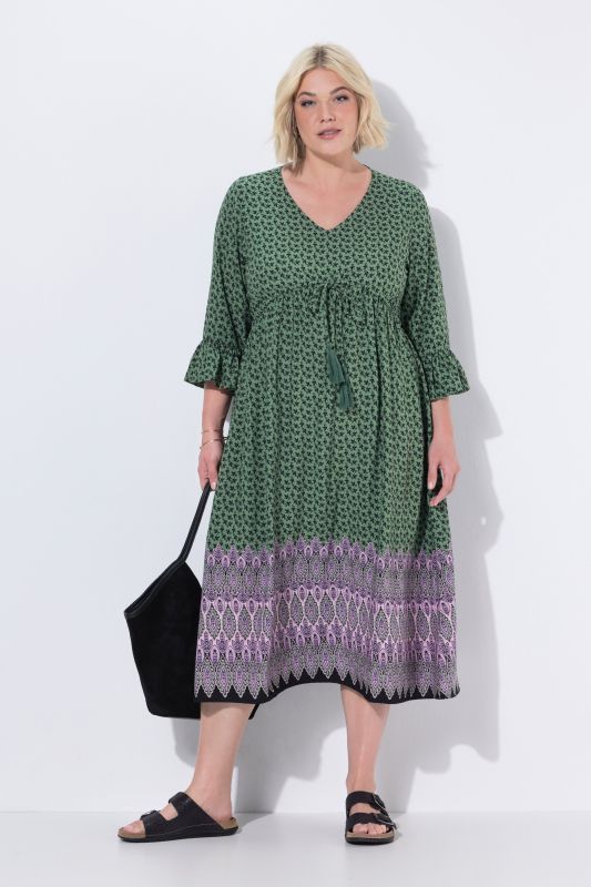 Robe midi coupe évasée, cordon de serrage sous tunnel, décolleté en V et manches 3/4