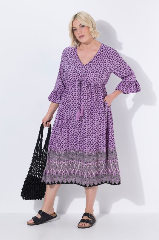 Robe midi coupe évasée, cordon de serrage sous tunnel, décolleté en V et manches 3/4