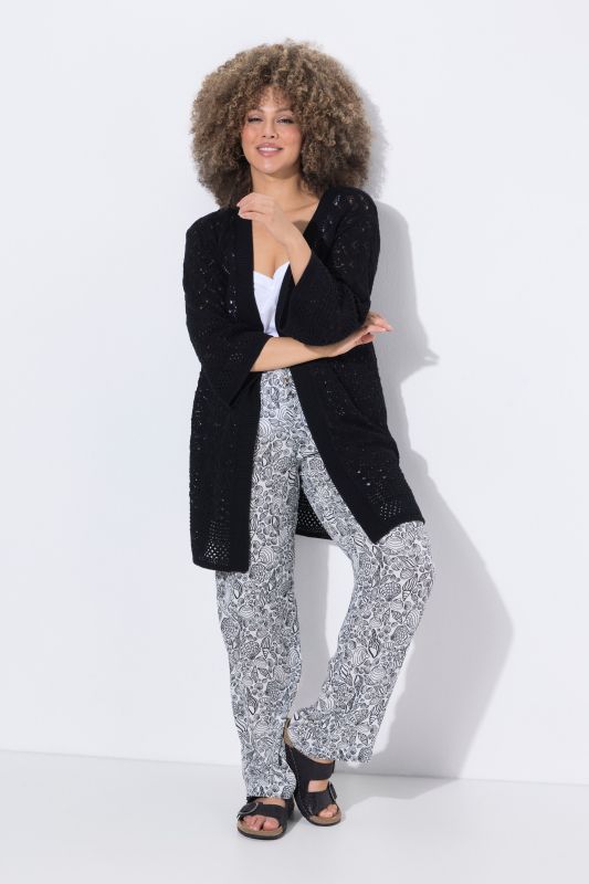 Cardigan long, coupe ouverte et maille ajourée, manches 3/4