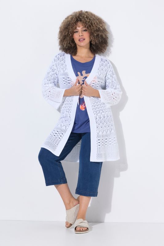 Cardigan long, coupe ouverte et maille ajourée, manches 3/4