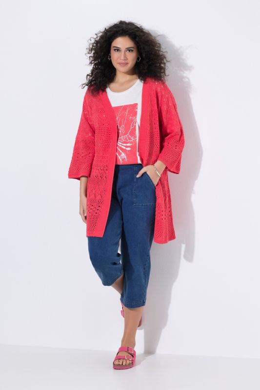 Cardigan long, coupe ouverte et maille ajourée, manches 3/4
