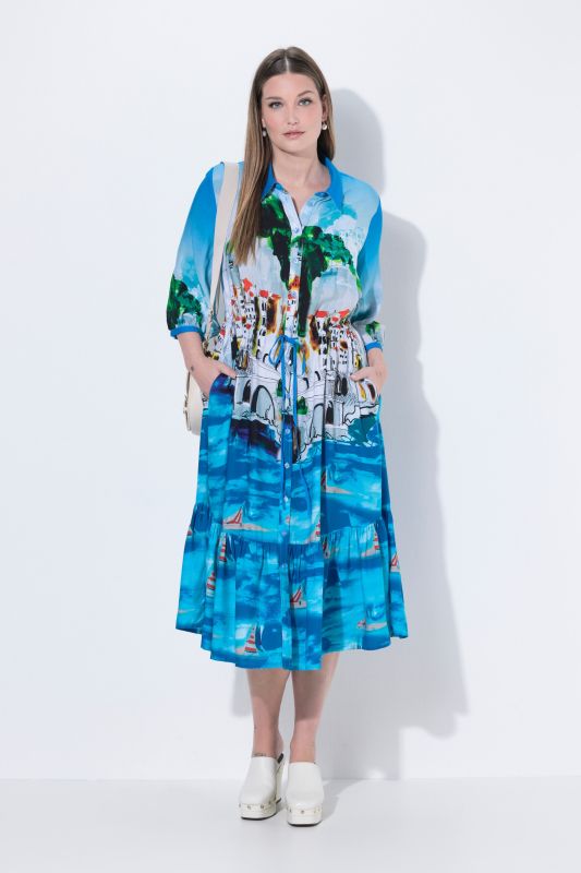 Robe midi motif vacances, manches 3/4 et col chemise, coupe évasée