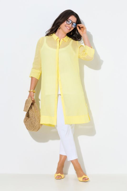 Chemisier long, tissu ramie, col chemise et manches&nbsp;3/4