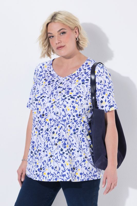 T-shirt motif floral et plis fantaisie, décolleté en V et manches courtes