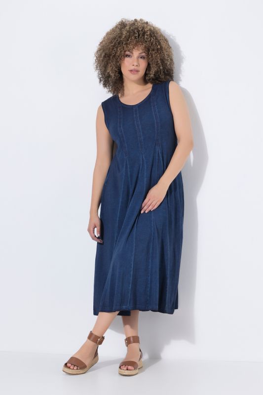 Robe midi sans manches, bandes fantaisie et plis godets, décolleté en V