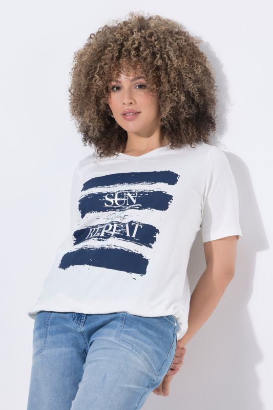 T-shirt avec message, décolleté en V et manches courtes, cordon sous tunnel